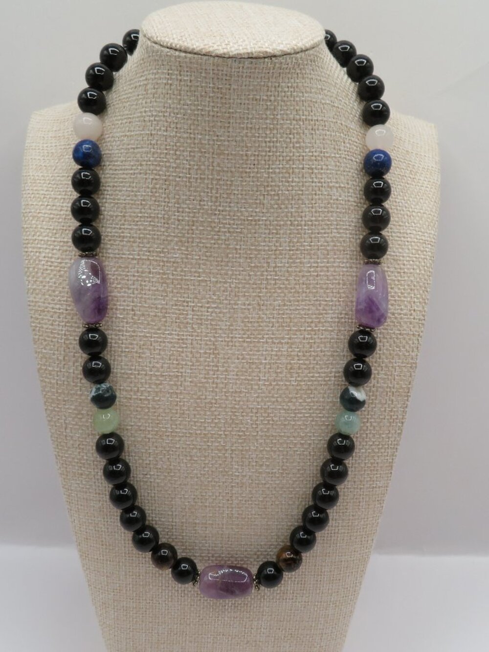 Onyx Amethyst Quartz Tigers Eye Multi Stone Beaded Necklace